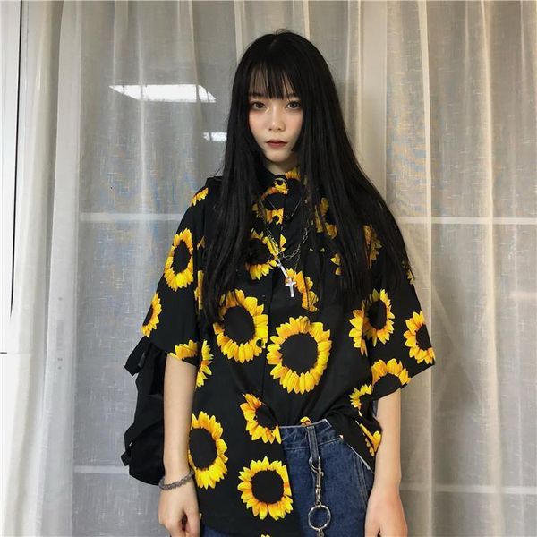 

sun flower print pocket oversized shirt woman man korean streetwear retro blouse short sleeve harajuku outfit blusas hawaii, White