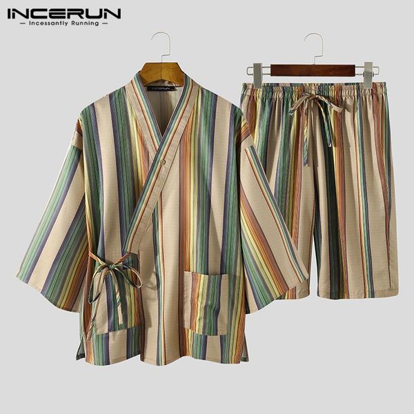 

incerun men striped pajamas sets v neck 3/4 sleeve sleepwear kimono harajuku casual shorts leisure men's nightwear suits s-5xl, Black;brown