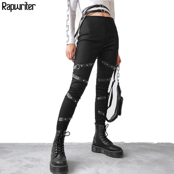 Rapgrounit streetwear Punk lápis calças pretas mulheres elásticas cintura alta calças retalhos de couro atadura corredores calças Capris lj201103