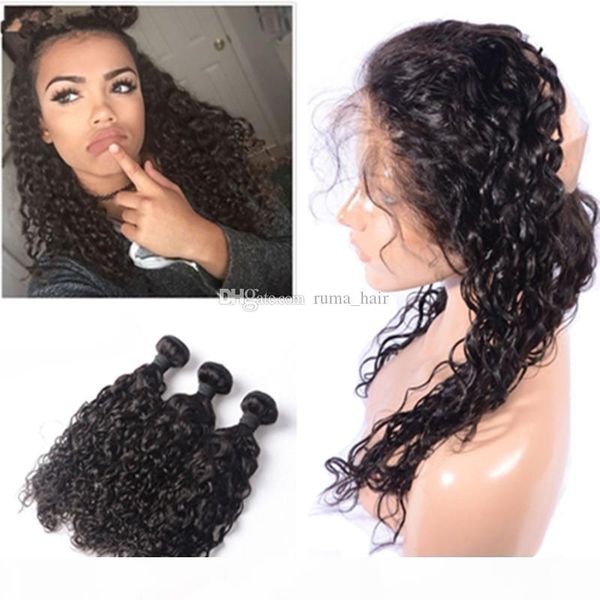 

brazilian human virgin hair 4*4 silk base 360 water wave frontal with bundles loose deep wave hair with 360 lace frontal with bundles, Black;brown