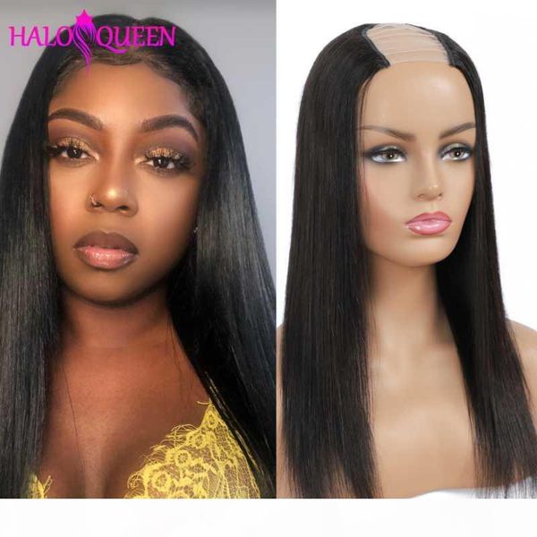 

haloqueen hair u part wig straight human hair wigs 150 density glueless human wigs brazilian remy straight, Black;brown