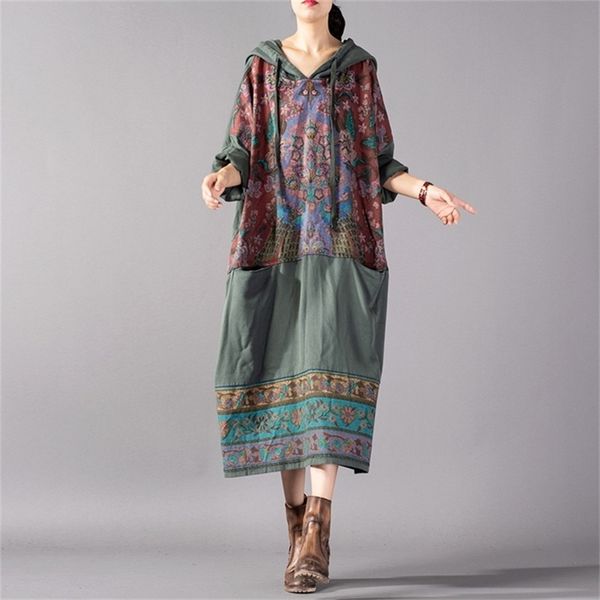 

johnature vintage hooded sweatshirt print floral autumn women sweatshirt loose fall winter new loose pullover sweatshirt 201207, Black