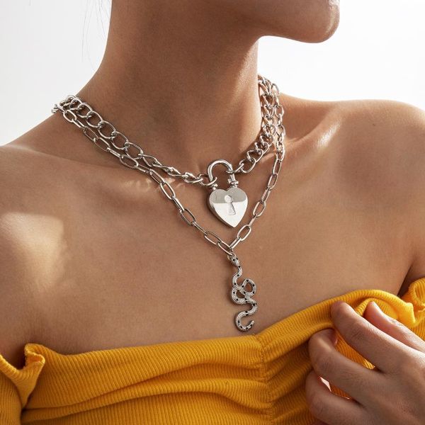 

chokers silver plated color multilayer link chain necklace elegant heart lock snake pendant for women costume wedding gift, Golden;silver