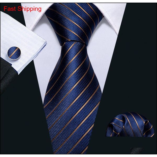 

fast shipping silk ties mens 100% designers fashion navy blue striped tie hanky cufflinks sets for mens formal w qylwvy beauty888, Black;blue