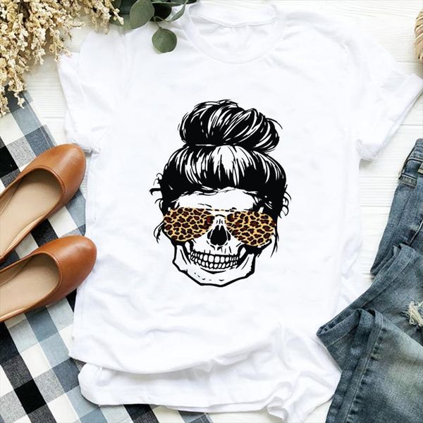 

women lady cartoon leopard skull fall autumn halloween 90s print tshirt female t tee womens shirt clothes graphic t shirt, White