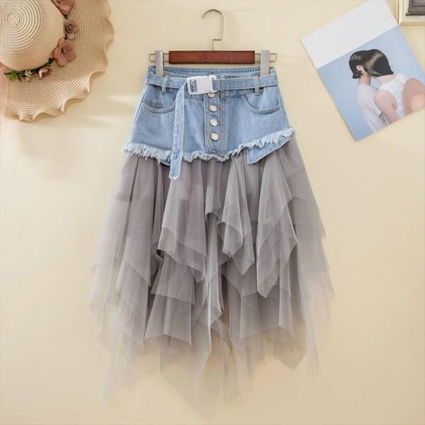 

2020 summer casual skirts womens irregular tulle high waist blue jeans skirt mesh tutu pleated denim patchwork midi skirt saias, Black