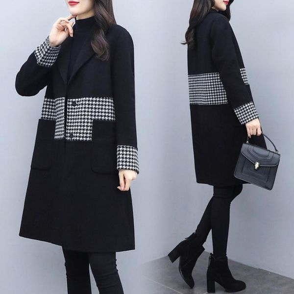 

woolen coat women long trench coat temperament winter outfits stitching plaid woolen outerwear fashion elegant jacket, Tan;black