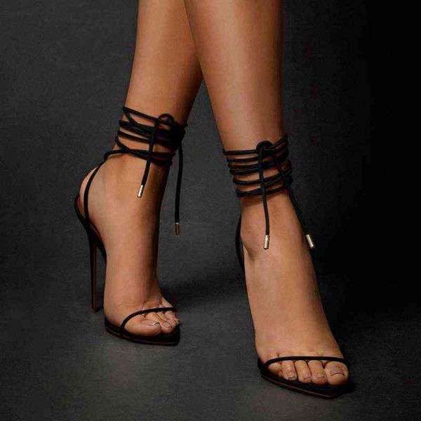 

women ankle strap stiletto thin high heels sandal pointed toe evening party shoes ball summer lady lace-up sandals, Black
