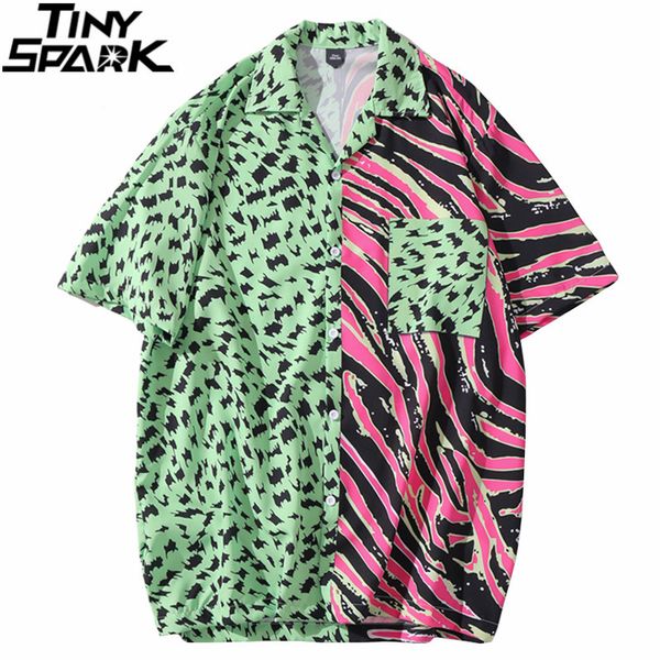 

men hawaiian shirt zebra stripe leopard print patchwork hip hop streetwear harajuku beach short sleeve summer kg-242, White;black