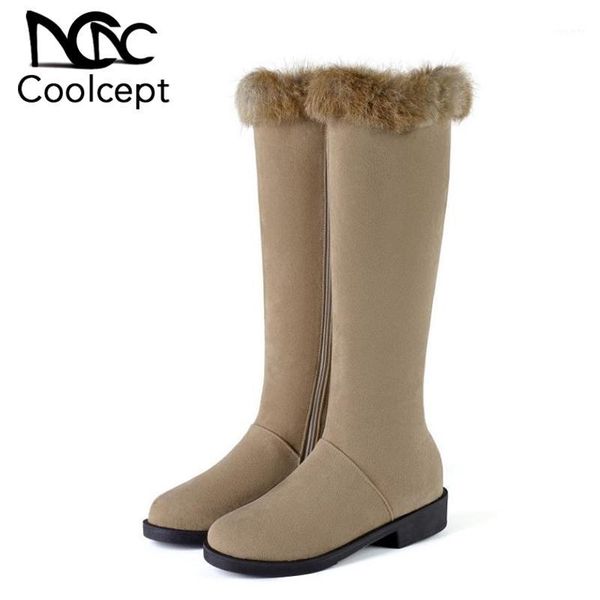 

coolcept knee high boots women flats shoes winter keep warm plush long boots casual zipper thicken fur footwear size 34-431, Black