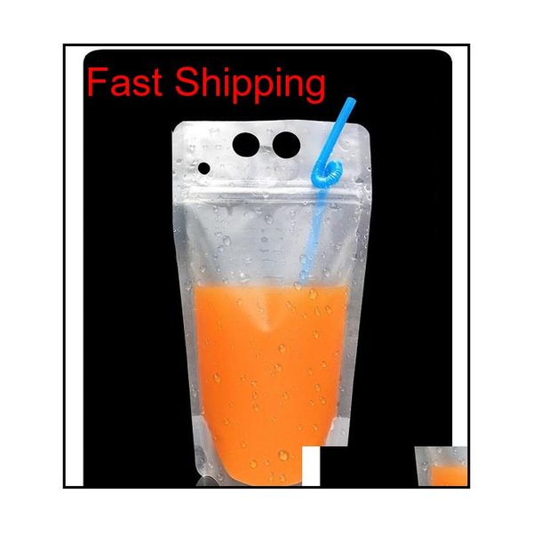 

17oz 500ml clear drink pouches bags frosted zipper stand-up plastic drinking bag with straw with holder recl qylmqq toys2010