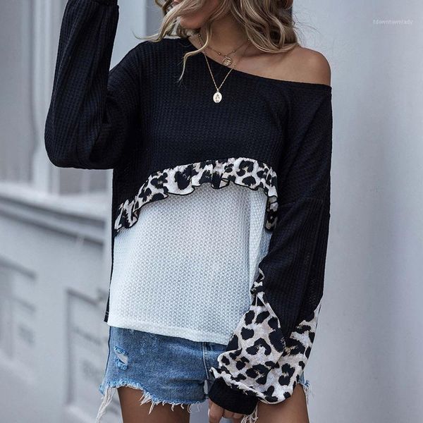 

women's sweaters knitted sweater off shoulder pullovers for women long sleeve o-neck loose splicing jumper female leopard print clothin, White;black