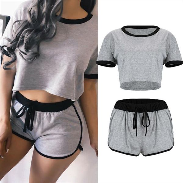 

женщины tracksuit 2pcs сексуальные женщины спорт ромпер crop топ шорты комбинезон летний комплект костюмы, Gray