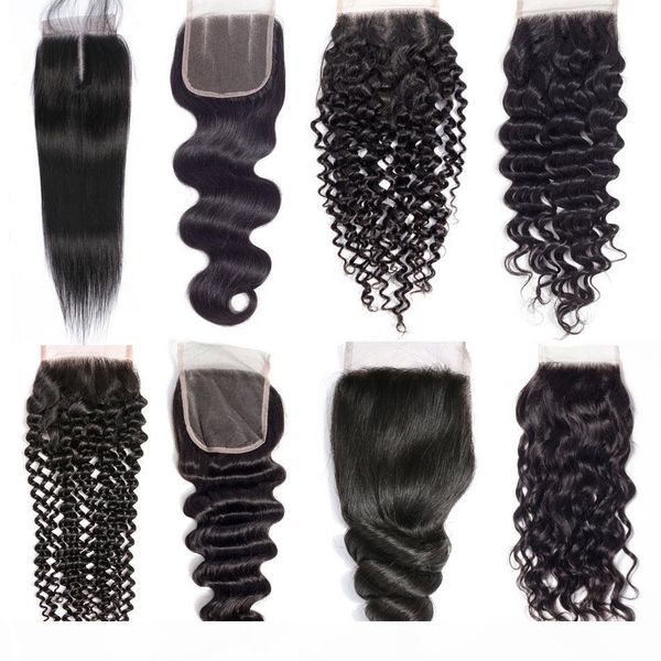 

8a virgin human hair lace closure brazilian peruvian malaysian indian straight body wave loose deep water natural wave kinky curly closures, Black;brown
