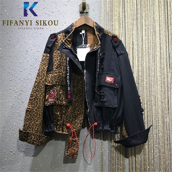 

leopard print patchwork women denim short pocket sequins fashion jacket streetwear womens loose jeans coat, Black