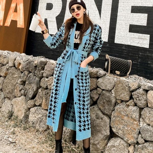 

women's knits & tees korean female cardigan sweater vintage casual v-neck houndstooth single-breasted lace-up knitted long jacket coat, White