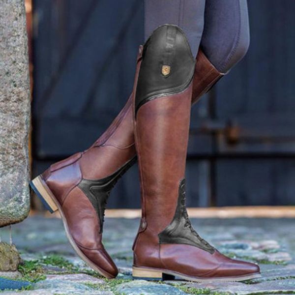 

women's knight boot western over-the-knee riding boots winter long tube leather high boot 2020 lady retro low heel pointed shoes, Black