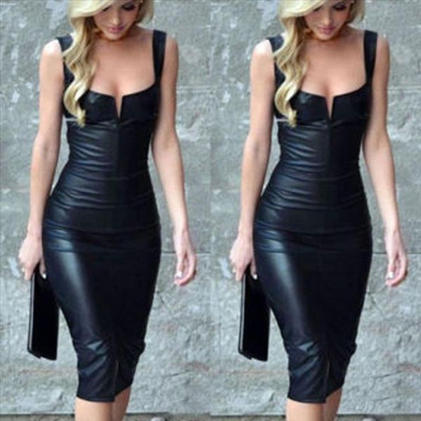 

leather dress 2019 fashion women bandage bodycon pencil sleeveless club party short dress leather boat neck sleeveless dresses, Black;gray