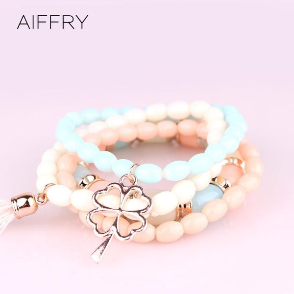 

charm bracelets fashion bohemian four-leaf clover multi-layer bracelet sweet tassel beaded women, Golden;silver