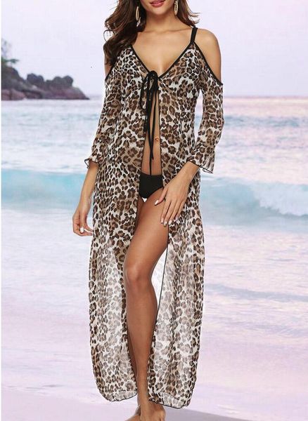 

leopard lace up sun proof chiffon shirt suspender beach skirt, White