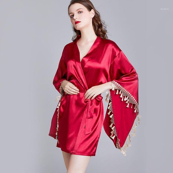 

ukii silk robes for women mini sleepwear robe pajamas robe bridal party robes lingerie silk satin dressing gown bathrobe women1, Black;red