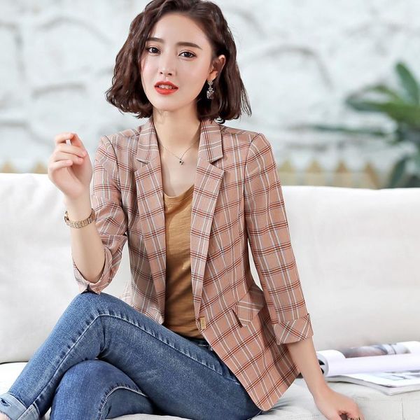 

the new lattice thin section suit self-cultivation temperament loose suit stripe woman summer white collar short sleeve coat1, White;black