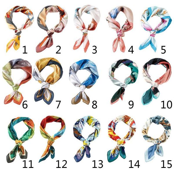 

ladies imitation silk small square scarf floral mountains printed elegant handbag ribbon wrap decorative headband, Blue;gray