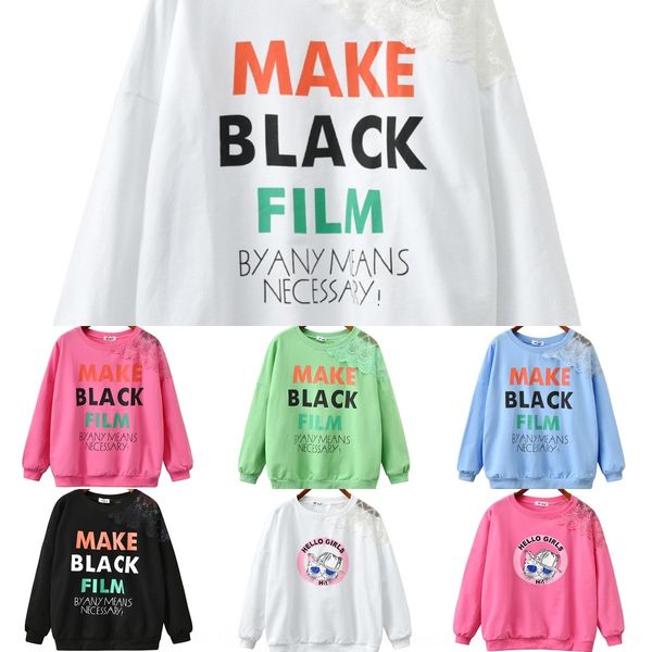 

qxbub autumn silk winter korean styl lace and screen sweater silk screen style loose large size women's sweater lace stitching printing, Black