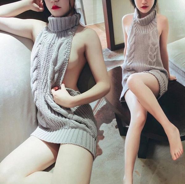 

women's sweater new turtleneck sleeveless long sweater knitted backless women sweaters and pullovers with, Black