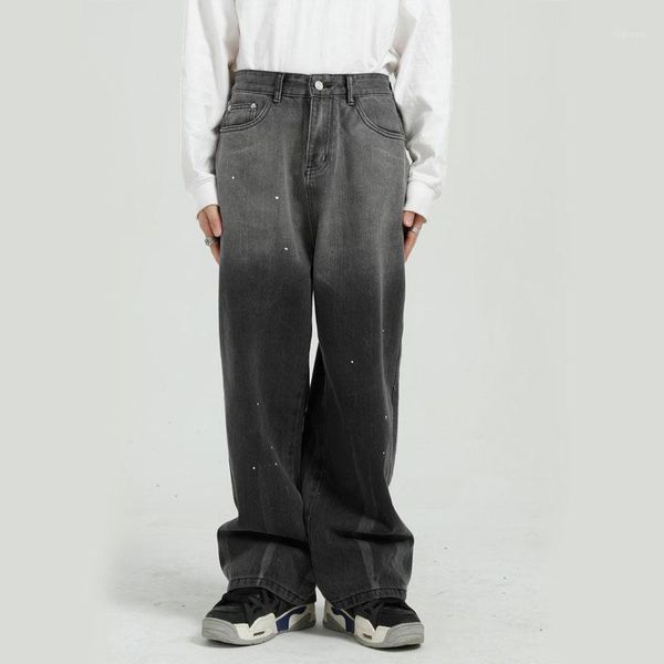 

new male streetwear hip hop vintage fashion jeans trousers men gradient water washed loose casual straight denim pant1, Blue