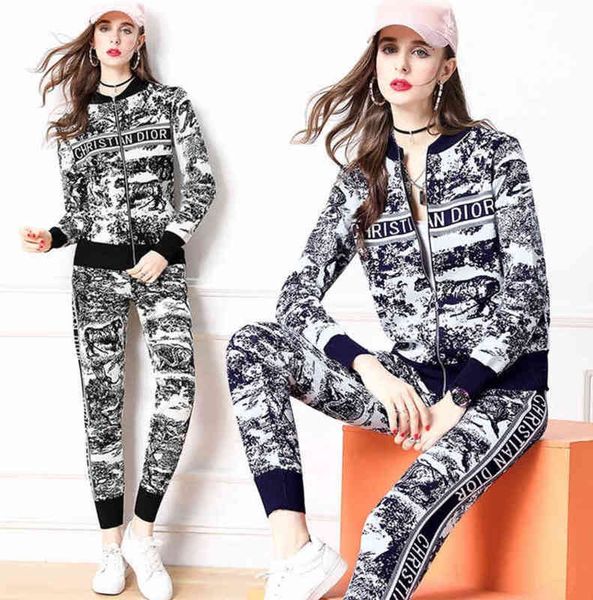 

chaopai women's suit autumn winter leisure fashion letter pattern cardigan sweater slim fitting pants two-piece set, White;black