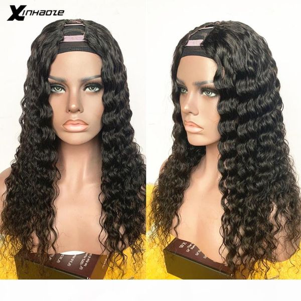 

water wave u part wig human hair for black women peruvian remy u part human hair wigs 180 density wave curly 2x4'' shape wig, Black;brown
