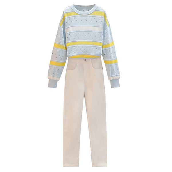 

autumn outfit 2020 autumn fashion two-piece clothing set women stripe sweater leisure pants knitwear casual, Gray