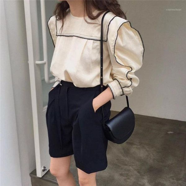 

chic early autumn preppy style color-hit sweet fashion women sailor collar fresh puff-sleeved all-match shirts1, White