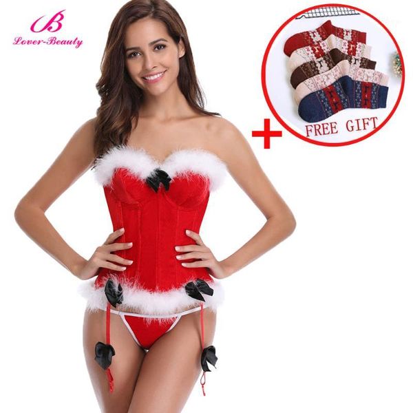 

lover beauty women's christmas corset for christmas santa costume 12 boned bustier overbust lingerie with thong g-string1, Black;white