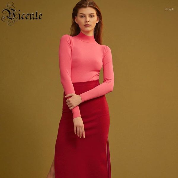 

vicente 2019 all bandage vestidos color block bodycon long sleeves turleneck celebrity party bandage long dress1, Black;gray