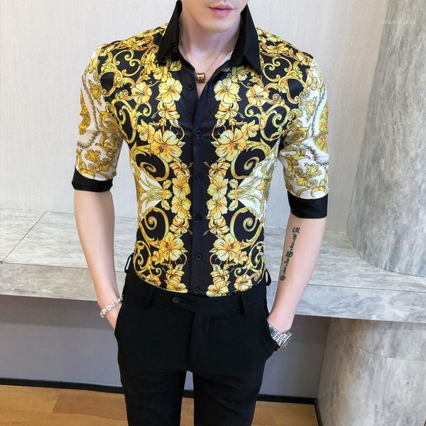 

luxury gold print shirt men half sleeve social chemise homme floral dress shirts casual slim fit nightclub tuxedo clothing1, White;black