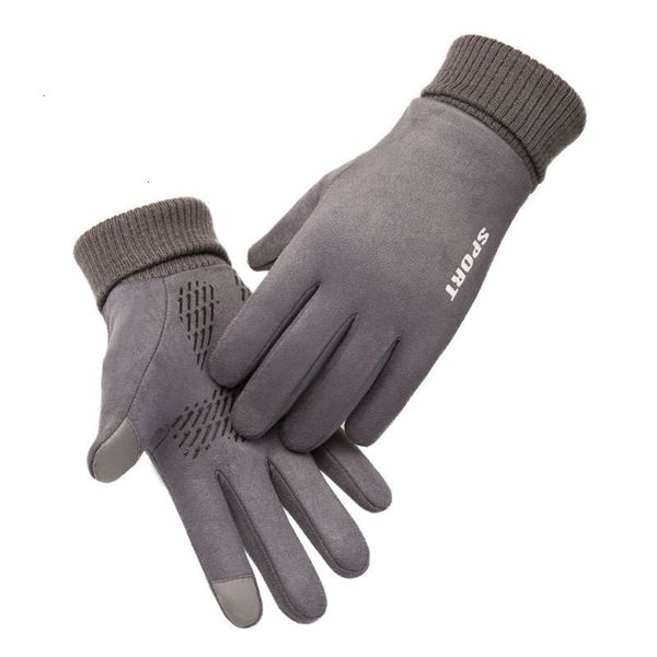 

suede gloves men's winter all finger warm plus cashmere touch screen outdoor cold running riding antiskid, Blue;gray