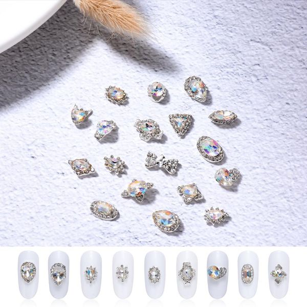 

7pcs metal bowtie waterdrop design nail art rhinestones k9 glass stones platinum alloy diamond 3d nail decoration accessories, Silver;gold