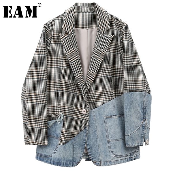 

[eam] women blue plaid denim split blazer new lapel long sleeve loose fit jacket fashion tide spring autumn 1w813 201102, White;black