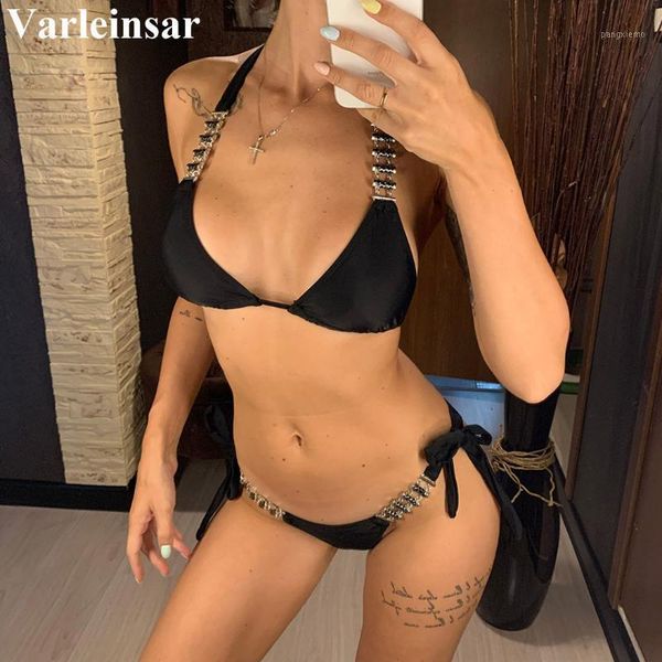 

2020 halter brazilian bikini female swimsuit women swimwear two-pieces bikini set with chains bather bathing suit swim v22671, White;black