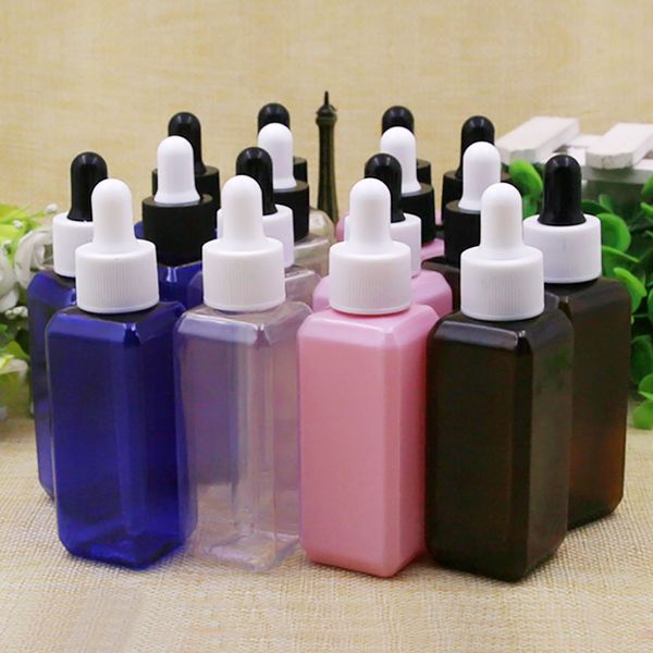 100pcs 50ml Praça líquido PET de plástico Dropper Bottle 50cc Limpar Âmbar Azul Contentores rosa para Essencial Use óleo