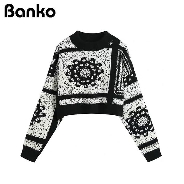 

women's sweaters vintage print short women 2021 autumn winter elegant warm knitted pullovers female fashion o-neck jumper top, White;black