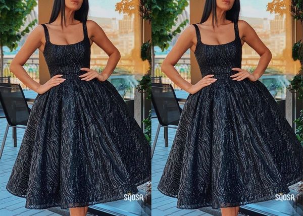 

stunning black sequined tulle cocktail prom dress tea length a line square neck ruched bridesmaid homecoming party dress