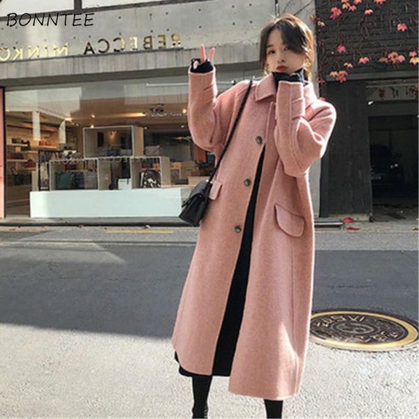 

blends women autumn new korean style long sleeve turn-down collar loose pink wool female casual fashion elegant all-match simple, Black