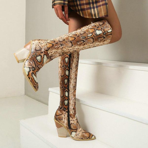 

women wedges heel knee high boots fashion zipper snake print western boots ladies pointed toe autumn winter long, Black