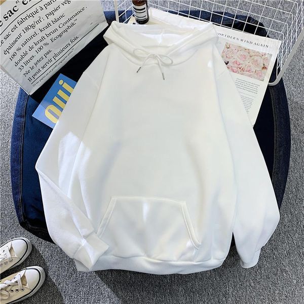 

woman solid color hooded sweatshirt velvet thicken white pullover harajuku aesthetic streetwear casual loose korean, Black