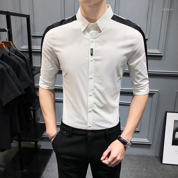 

summer casual men shirt camisa masculina slim fit half sleeve dress shirts solid color streetwear social clothing1, White;black