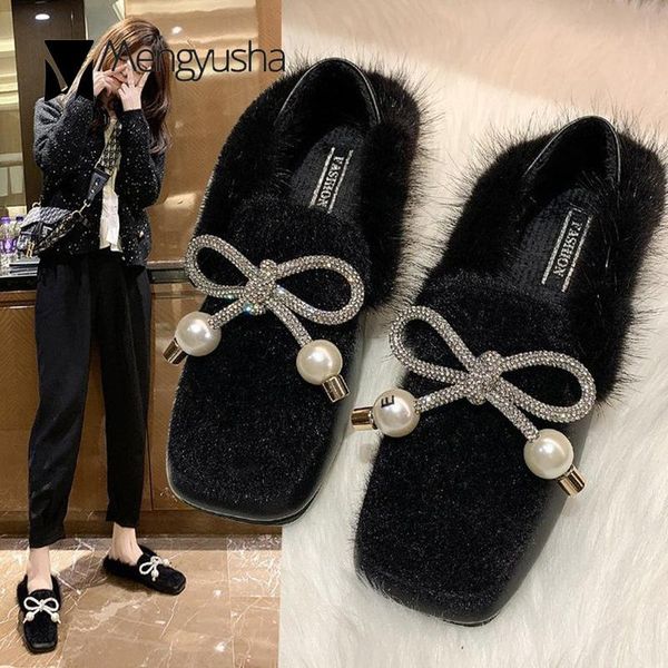 

sweet bowknot square toe flats patchwork fur &pu leather winter loafers 3-style brief soft soled cotton pregnant shoes women2020, Black