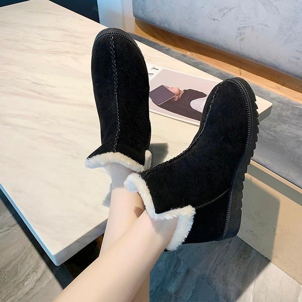 

women snow boots winter fur ankle boot female bowtie warmer plush suede rubber flat slip on fashion platform ladies shoes u11-13, Black